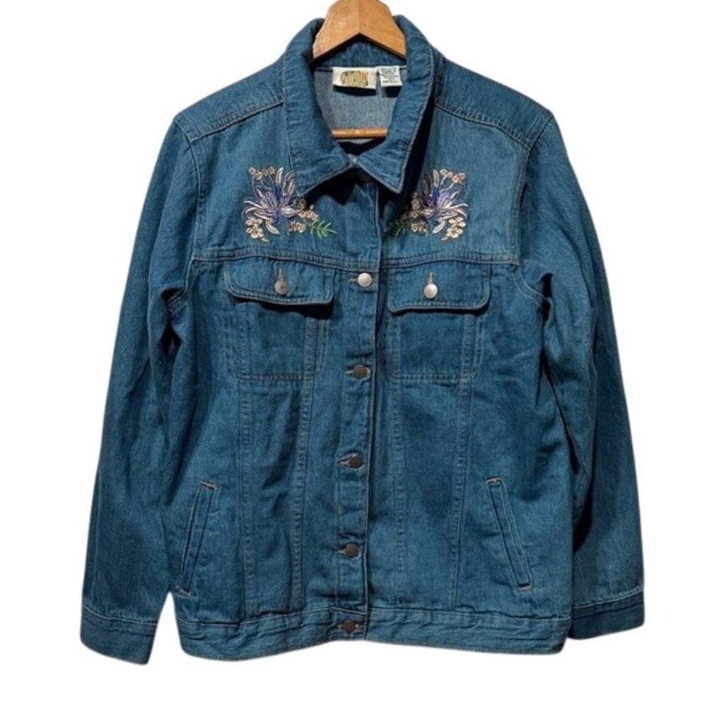Collections Etc Denim Jacket Floral Embroidered Blue Cotton Long Sleeve Women L
